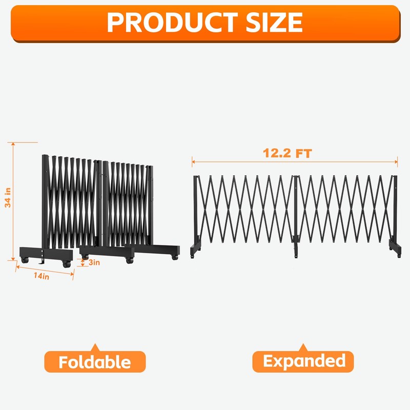 JTZFD 12.2FT Black Industrial Metal Expandable Barricade，Retractable Traffic Fence with