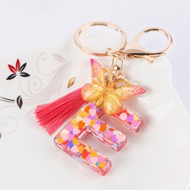Suweibuke Colourful Cute Initial Letter Keychains for Women Girls with Tassel Butterfly, Charm for Purse Backpacks Handbags Schoolbags (Colorful Pink-E)