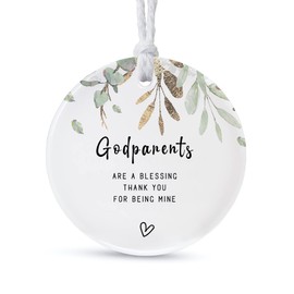 Ornaments Gifts for Godparents 2024,Thank You for Being Mine Gift for Parents in Law,Gifts from Godchild,Round Ceramic Ornament Keepsake,Double-Sided Printing with Ribbon and Gift Box(2.9")