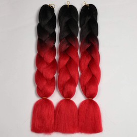 ShowJarlly Ombre Jumbo Braids, Hair Braiding, Hair Kanekalon, Synthetic Hair Extensions, 60 cm, 300 g / 3 Pieces black/red
