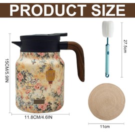 Doresty 1000 ml Stainless Steel Thermal Jug with Vintage Floral Pattern & Integrated Herbal Tea Strainer - Insulated Warming Jug for Hot Drinks, Double Filter Technology + Elegant Design (Yellow)