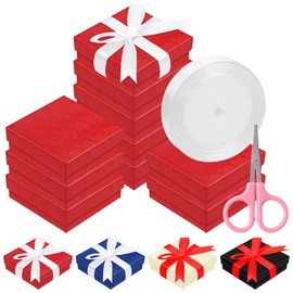 Rustark 12Pcs 9x9x3cm / 3.5x3.5x1 Inch Red Cardboard Jewelry Gift Boxes with Stain Ribbon and Scissor, Small Gift Box with Lid for Necklaces, Rings, Bracelets, Earrings, Pendant, Jewelry