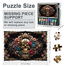 1000 Piece Jigsaw Puzzle for Adults - Skull & Floral Memento Mori Art with Premium Puzzle Board, Challenging Dark Academia Puzzles for Adults, 27.5x19.7 Inches