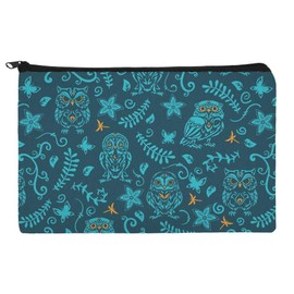 Mystical Owl Pattern with Butterflies Dragonflies Leaves Flowers Makeup Cosmetic Bag Organizer Pouch