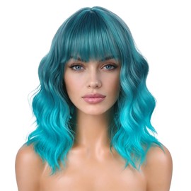 Dark Blue Ombre Wigs for Women Short Turquoise Wig with Bangs