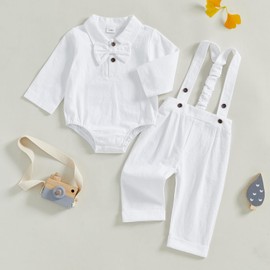 Loalirando 2Pcs Newborn Baby Boy Fall Gentleman Outfit Lapel Neck Long Sleeve Romper Sweatshirt with Solid Bowtie Elastic Waist Suspender Pants Tracksuit (White, 6-9 Months)
