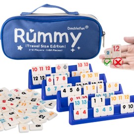 Doublefan Mini Rummy Cube Game, Mini Size Rummy Set with Portable Canvas Bag, Small Travel Board Game for Adult and Kids,160 Tiles, 6 Playing Rack, 1 Dice (2-6 Players)