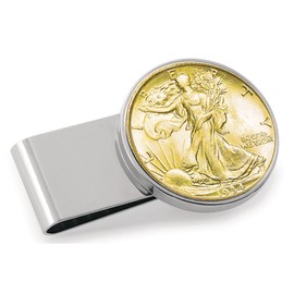 American Coin Treasures U.S. Coin Money Clip - Silver Walking Liberty Half Dollar Layered in Pure 24k Gold | Stainless Steel | Layered in Silver-Tone Rhodium | Holds Currency, Credit Cards, Cash