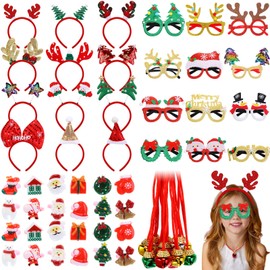 Cindeer 48 Pcs Christmas Party Favors Funny Christmas Headbands Glasses Frame Christmas Bell Necklaces Xmas Jewelry Rings for Christmas Costume Accessory Photo Booth Party Supplies Decorations
