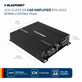 BLAUPUNKT BPA-E602 2-Channel Class AB Car Amplifier - 800W Max Power, 180W RMS Bridged - Compact Design for Crystal-Clear Audio