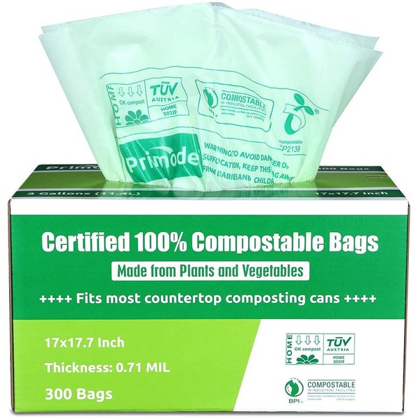 Primode 100% Compostable Trash Bags, 3 Gallon Food Scraps Yard Waste Bags, 100 Count, Extra Thick 0.71 Mil. ASTM D6400 Compost Bags Small Kitchen Bin Bags, Certified by BPI and TUV