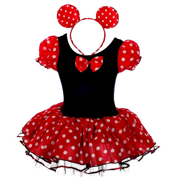 Lito Angels Minnie Mouse Costume Fancy Dress Up with Mouse Ears Hair Hoop for Kids Girls, Halloween Birthday Party Mini Red Polka Dot Tutu Skirt, Age 6-7 Years