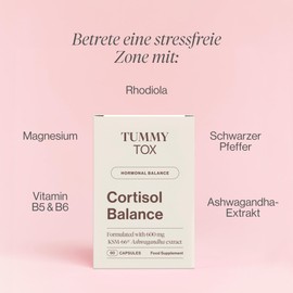 TummyTox Cortisol Balance. Ashwagandha, Rhodiola Rosea. Magnesium - Muscle Function, Energy Metabolism. Vitamins B6 and B5 - Energy, Fatigue Reduction, Normal Brain Function. 180 Capsules