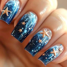 Dark Blue Gradient Press on Nails Medium Square Artificial Acrylic Nails Embossed 3D Gold Starfish Design Glossy Stick on Full Cover Reusable Coffin Artificial Fingernails Glue on Nail for Women 24Pcs