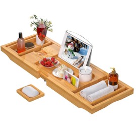 Bathtub Tray Caddy, Expandable Bath Trays for Tub, Bamboo Shelf & Table with Wine Glass Holder,Bathroom Accessories for New Home & Mothers Day & Birthday Gifts for Mom