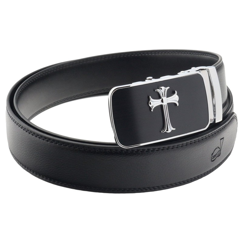QHA Mens Jesus Cross Automatic Buckle Ratchet Leather Belt Q39-Silver