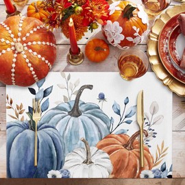 Fall Thanksgiving Placemats Watercolor Pumpkin Place Mats for Dining Room Dinner Table Autumn Blue Leaves Washable Table Mats Kitchen Decorations Set of 6
