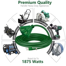 Kasonic 25 Ft Extension Cord with 3 Outlets, UL Listed 16/3 SJTW, 3-Wire Grounded, 13A 125V 1625W for Indoor/Outdoor Use - Green