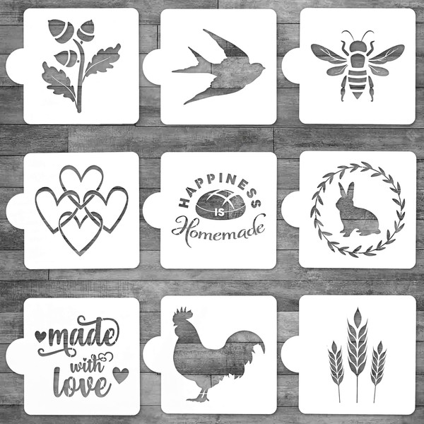 Thick Artisan Bread Stencils- Baking Stencils for Sourdough Bread and Cakes- Bee Stencil Rooster Stencil- 9 Designs- Premium Large Size- 5.25 x 5.25 in!