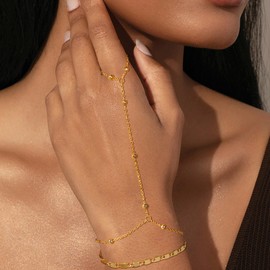 Gold & Silver Hand Chain Bracelet Set for Women Ring Bracelet CZ Beaded Layer Snake Link Chain Finger Jewelry Adjustable Hypoallergenic Trendy Hand Jewelry for Everyday Wear (Style-C-Gold)
