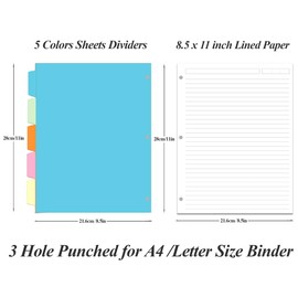 3 Hole Lined Paper for A4 Binder - 50 Sheets/100 Pages Loose Leaf Paper Line Refills, 5 Colorful Tab Dividers, 8.5" x 11"