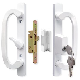 ALLYWASAI Patio Sliding Door Handle Set with Mortise Lock, Key Cylinder and Keeper, Replacement Handle Lock Set Fits Door Thickness from 1-1/2" to 2-1/4", 3-15/16" Screw Hole Spacing, Keyed, White