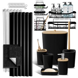 Bathroom Accessories Set with Shower Caddy and Bath Rugs 27PC Bathroom Accessory Set with Shower Caddies Black Bath Rugs, Shower Curtain Set, Toilet Brush, Trash Can, Soap Dispenser, Toothbrush holder