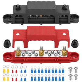 2 Pcs Bus Bar, 12V Power Distribution Block, 3X 1/4" (M6) Terminal Studs, 10X 5/32" (M4) Terminal Screw, Battery Bus Bar with Cover with Ring Terminals for 12V-48V Automotive Car Boat Solar System