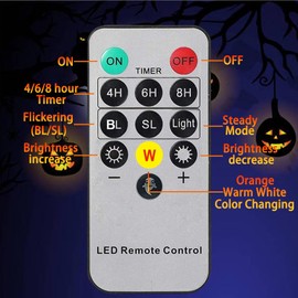 ABMTech - Luces LED de calabaza de Halloween con temporizador y mando a distancia, funciona con pilas, color blanco cálido, luces de calabaza parpadeantes, decoración de Halloween, Jack-O-Lantern para