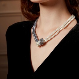 Coucoland Women's Pearl Necklaces for Women - 1920s White Black Faux Pearl Bead Strand Gatsby Necklace Choker, one size, Pearl, No Gemstone