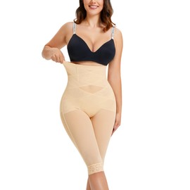Gotoly High Waist Shapewear Tummy Control Leggings Capri Body Shaper Shorts Criss-Cross Butt Lift Panties Thigh Slimmer Beige