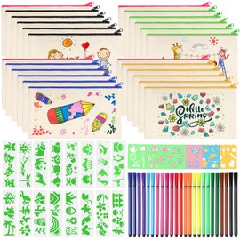 Votoko DIY Fabric Pencil Case, Blank Children's Canvas Bags for Painting, Small Cosmetic Bag Fabric with Zip, 12 Colouring Pencils, 12 Painting Stencils for Travel, Storage 21 x 12 cm