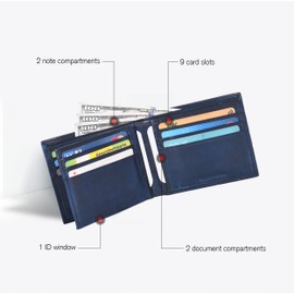 Real Leather Bifold Wallet for Men - Wallets with 9 Credit Cards 1 ID Window Slim Minimalist Front Pocket Billfold