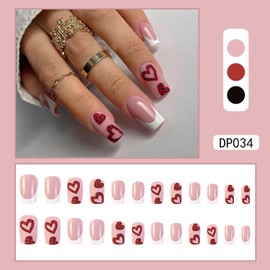 Vezocim 24Pcs Press on Nails Medium Heart Glossy Full Cover Artificial French Tips Fake Nails with Red Heart Designs Acrylic Square False Nails with Glue Coffin Stick on Fingernails for Women Girls