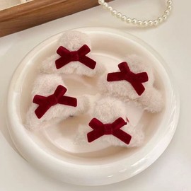 Cute Autumn & Winter Plush Small Hair Claw Clip - Butterfly Hairpin for Side Bangs (Red/White, Free Size) Single 20ea
