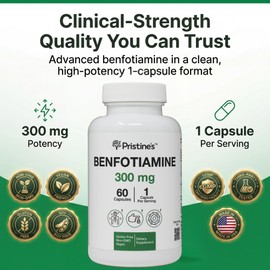 PRISTINE'S Benfotiamine 300mg High Bioavailability Nerve Support Supplement - 60 Day Supply - Fat Soluble Vitamin B1 Supplements - Vegan - Non-GMO