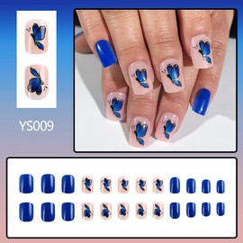 Butterfly Press on Nails Short Square Fake Nails with Design Blue Glue on Nails Glossy Spring Nails Reusable Summer False Nails Acrylic Nails Press ons for Women Girls Daily Wear Manicure 24pcs