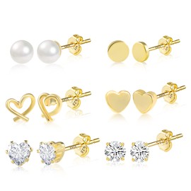 ASH'S CHOICE Gold Stud Earrings, Multipack Small Gold Studs Set for Women, Mini Heart Zirconia Studs, 6 Pairs Sterling Silver 925 Gold Hypoallergenic Studs Set for Women Jewelry