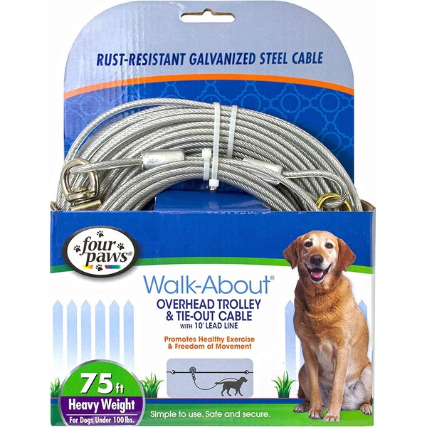 Four Paws Walk-About Overhead Trolley & Tie-Down Rust-Resistant Galvanized Steel Exerciser Cable for Dogs, 75"