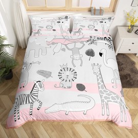 Cute Wild Animals Duvet Cover Set Single Size,Cartoon Lion Zebra Monkey Giraffe Elephant Comforter Cover for Kids Boys Bedroom Decor,Pink Grey Kids Zoo Themed Bedding Set with 1 Pillowcase, Polyester