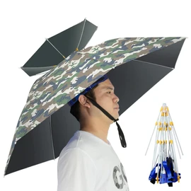NEW-Vi Umbrella Hat Folding Adjustable Sun Rain Cap, 37.4” UPF 50+ UV Protection Large Hands Free Umbrellas, 7-Ribs Waterproof Headwear for Fishing Gardening Golf Sunshade Outdoor (Camo/Black)