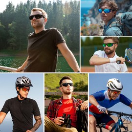 Ofwin Sports Sunglasses for Men Women Polarized UV Protection Fishing Driving Cycling Bik Running Wrap Around Sun Glasses Matte Black Frame/Green Mirror Lens