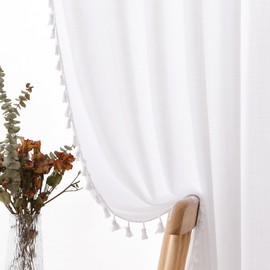 SPWIY White Linen Curtains 63 Inches Long 2 Panels Cream Semi Sheer Curtains Tassel Back Tab Light Filtering Neutral Farmhouse Curtain for Living Room Bedroom 52x63