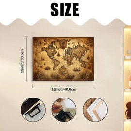 Modern Wall Art 16"X12" Painting Artwork Framed for Living Room Bedroom Bathroom Office Home Decor, Antique - style World Map with Decorative Elements Pictures on Canvas Art Painting