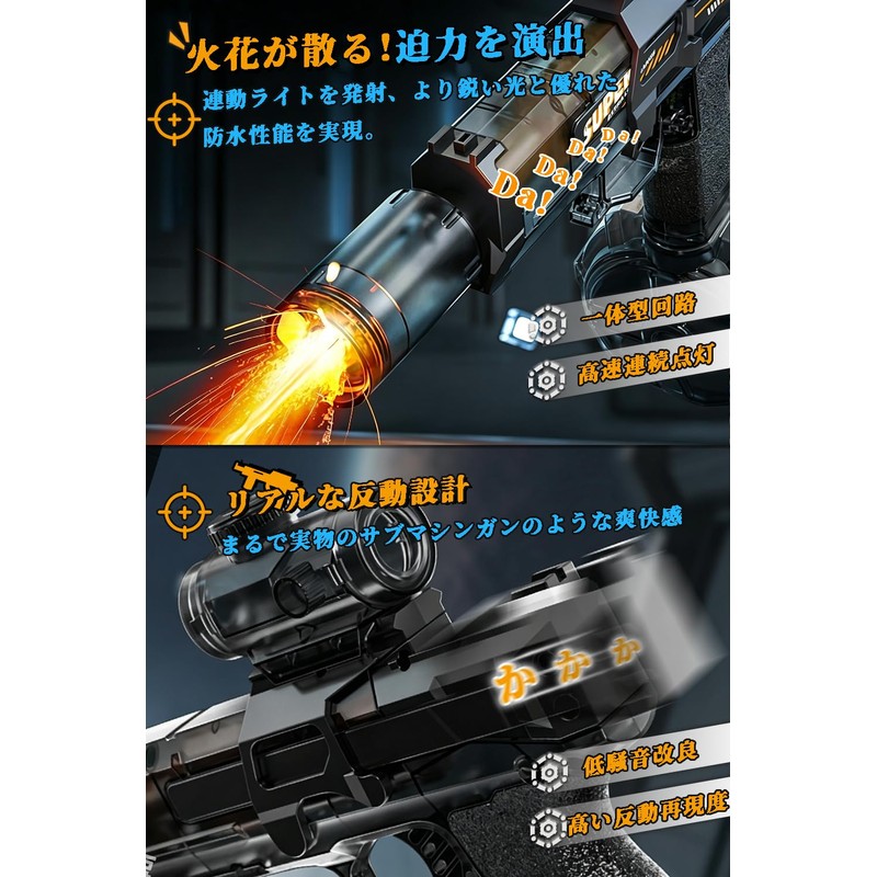 【2026年最新型】電動水鉄砲 高速連射式 ピストル型 電動ウォーターガン LED連動噴火 反動設計 400ml大容量タンク 7-8m射程 USB充電式 着脱式バッテリー