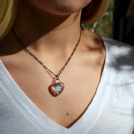 Dainty Forget Me Not Heart Necklace, Real Dry Pressed Flowers Jewelry, Tiny Blue Flower Charm, Best Gift for Girlfriend, Mom, Grandma, Sister, Daughter, Artisan Hand Crafted by Bayou Glass Arts (24gm)