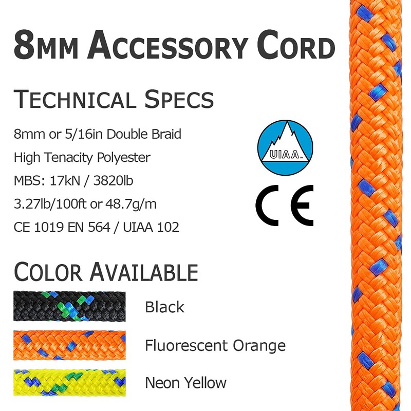 GM CLIMBING 8mm Accessory Cord Rope Double Braid Pre Cut