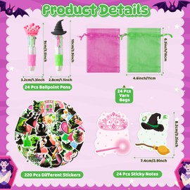 Aginc Berry Princess Witch Stationery Gift - 12 Pack Green and Pink Party Favors 4-in-1 Broom Ballpoint Pens Sticky Note Sticker and Organza, Witch Goodie Bag Stuffers Fillers for Kids School Rewards