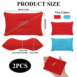 Cncedi 34 * 22cm Inflatable Pillows, 2 Pcs Blow Up Pillows, Ultralight Compact Blow Up Pillow, Compressible Pillow for Beach Travel Sunbathing Camping Sleeping Outdoor (Rose Red & Sky Blue)