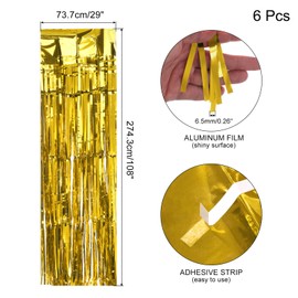 sourcing map 6 Pack 29x108 Inch Gold Metallic Foil Fringe Tinsel Table Skirts for Rectangle Tables Tinsel Backdrop Curtain for Wedding Birthday Anniversary Party